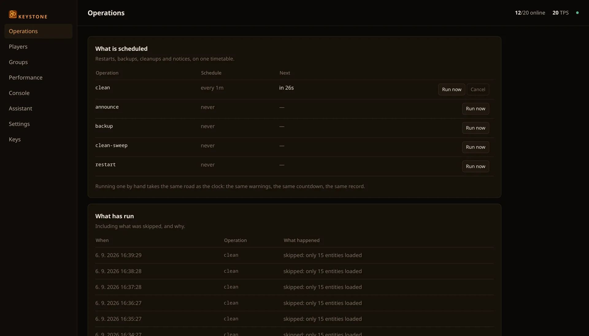 The Keystone editor, showing a server’s scheduled work